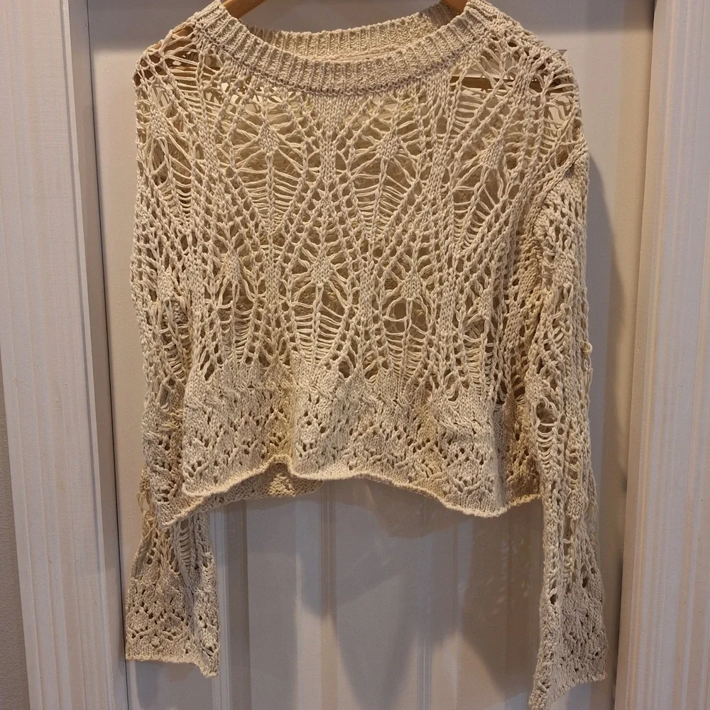 Natural Life Sweater Lg  Cream Open Knit Crochet Cropped Boho Pointelle Pullover